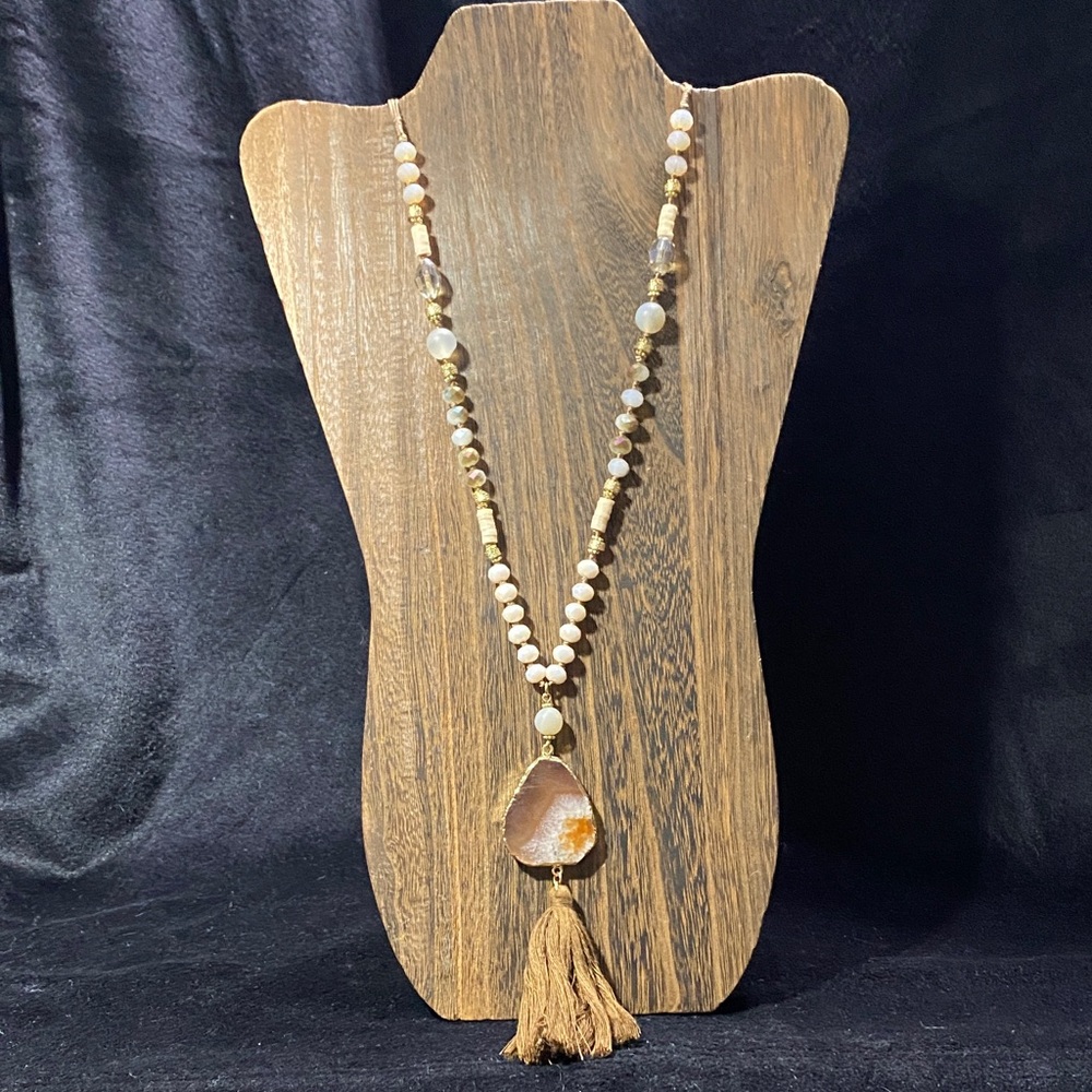Beaded Necklace with Agate Pendant and Tassel Cream, Gold, and Brown Beads Boho